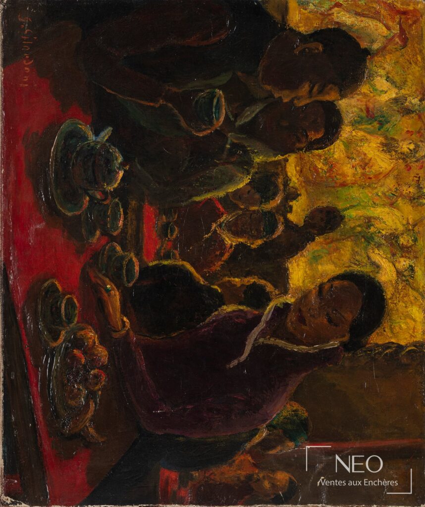 Huile sur toile de Joseph Gilardoni représentant une scène orientaliste aux tonalités sombres et chaudes