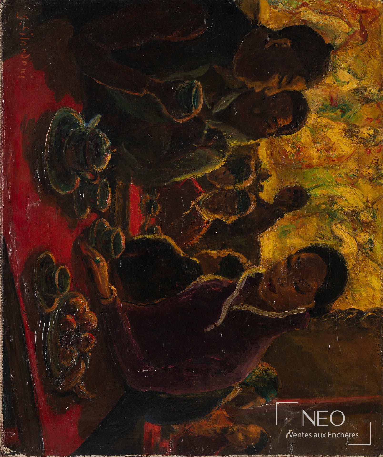 Huile sur toile de Joseph Gilardoni représentant une scène orientaliste aux tonalités sombres et chaudes