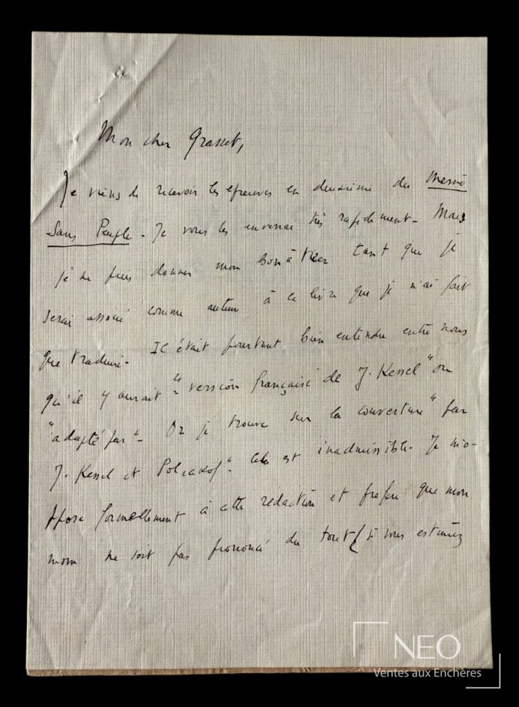 Lettre autographe de Joseph Kessel sur papier