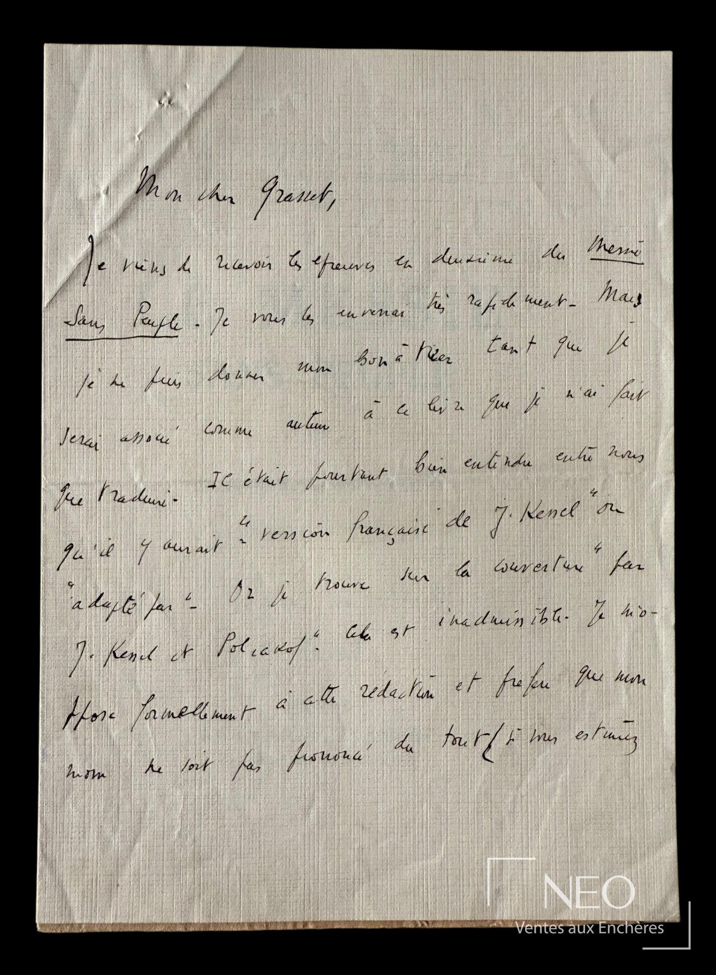 Lettre autographe de Joseph Kessel sur papier