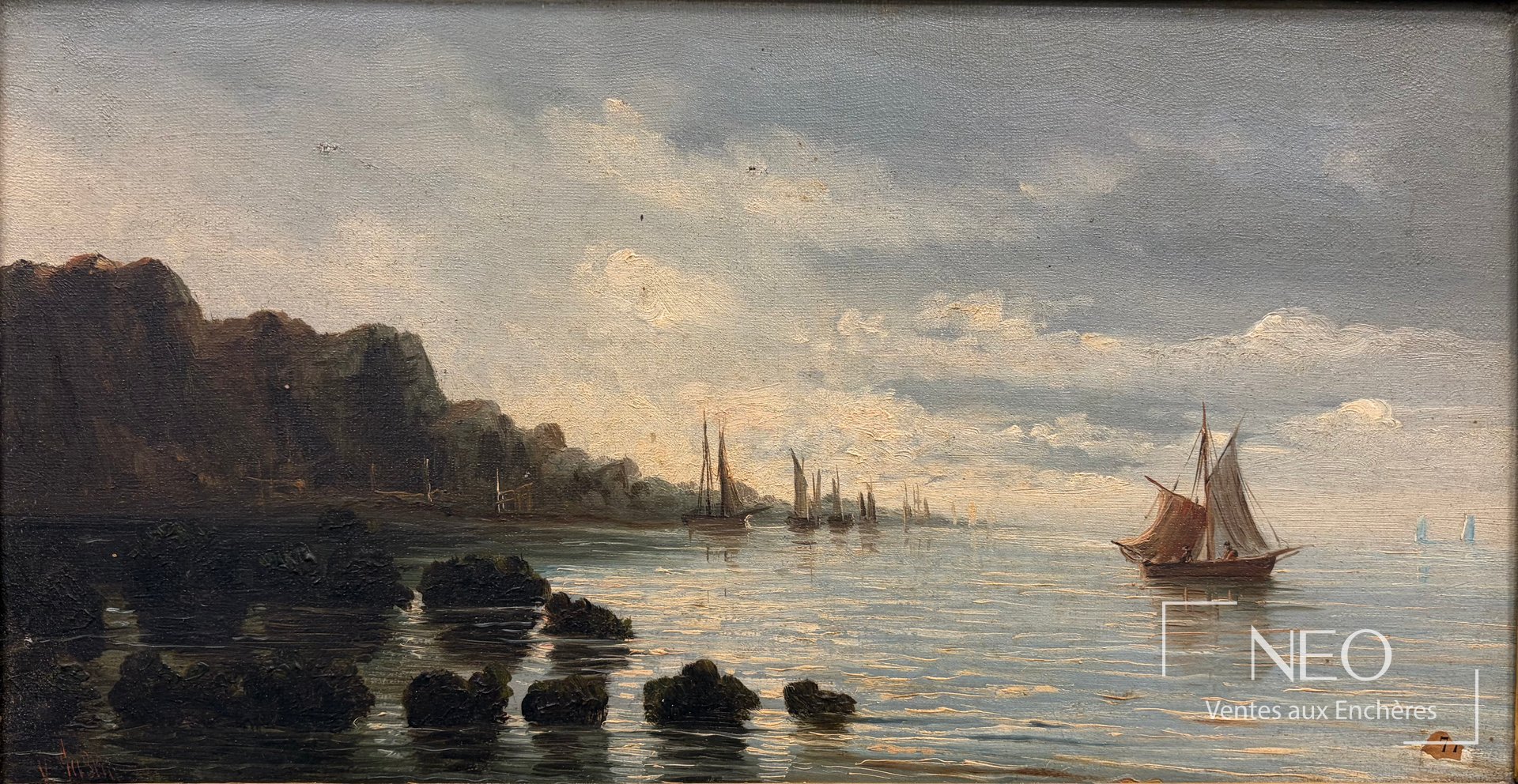 Jublin, Bord de mer rocheux aux voiliers, huile sur toile, fin XIXe