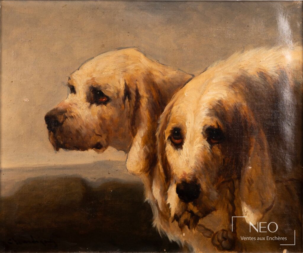 Deux chiens peints à l'huile sur toile