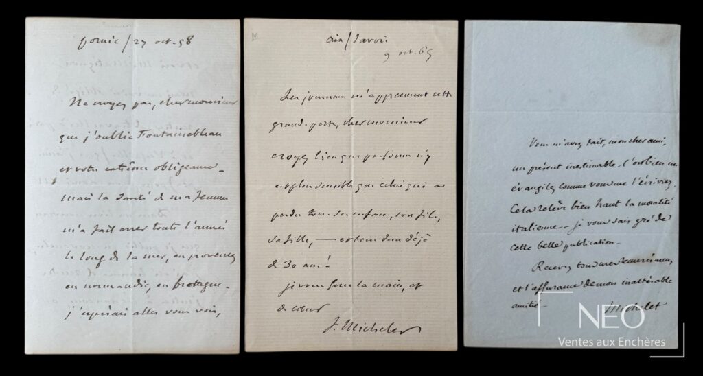 Trois lettres manuscrites de Jules Michelet présentées de face