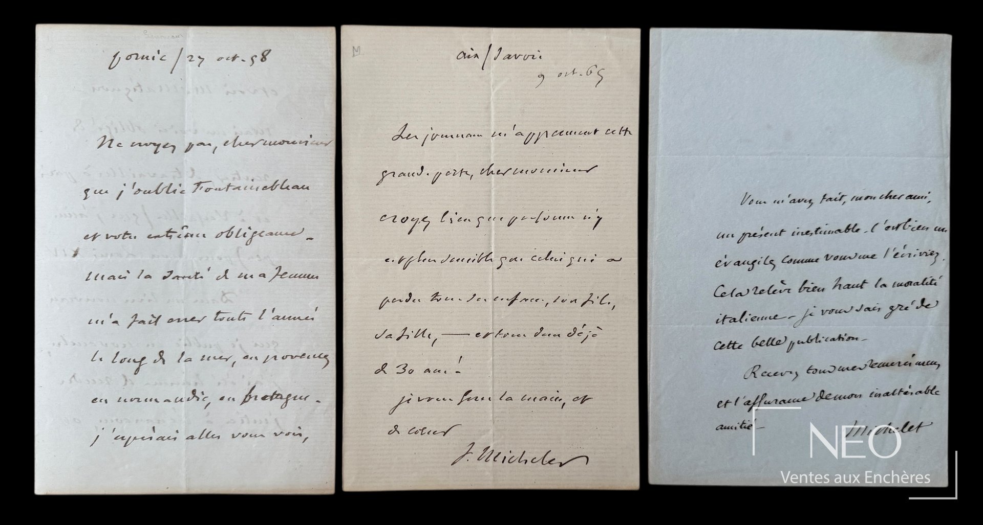 Trois lettres autographes signées de Jules Michelet présentées côte à côte