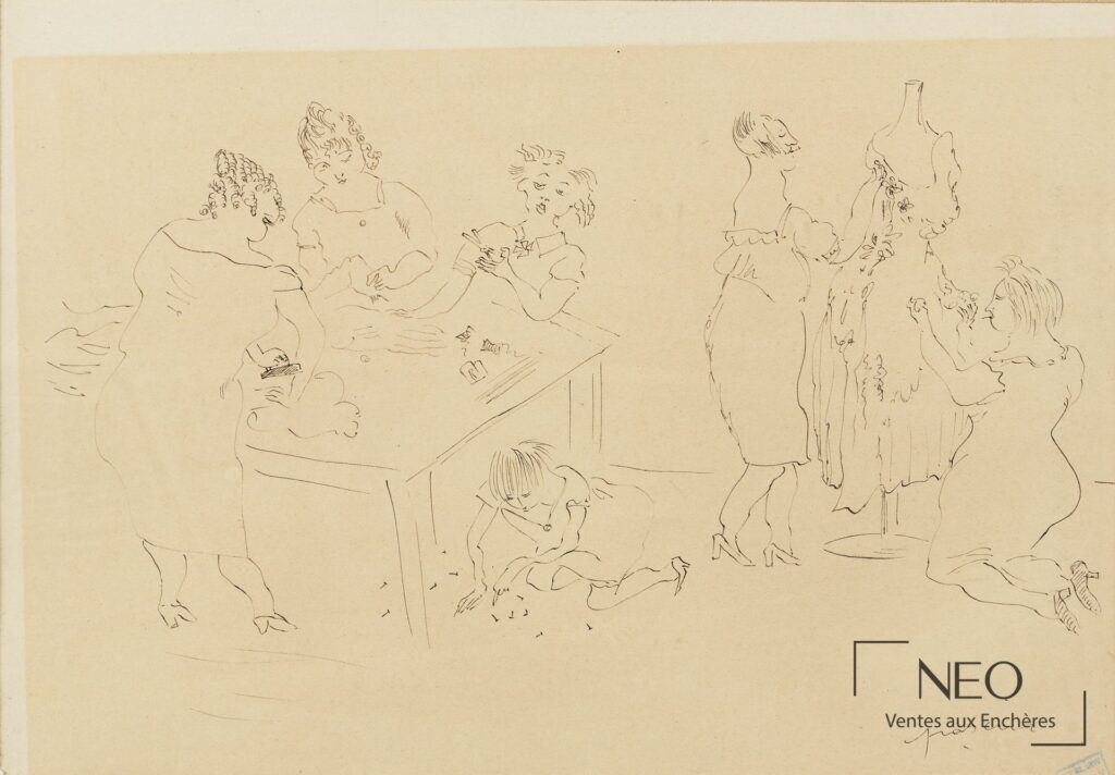 Dessin à l’encre de Jules Pascin montrant des femmes autour d’un atelier de couture