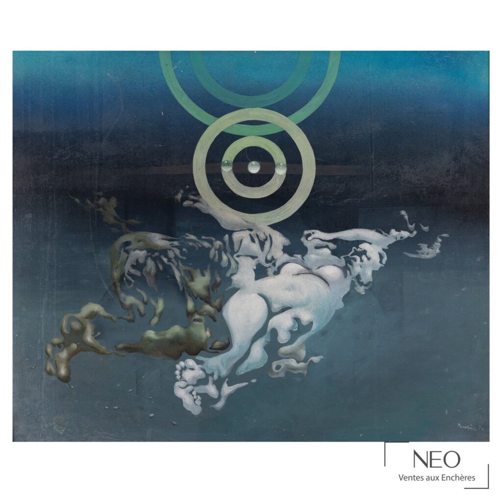 Peinture abstraite de Jules Perahim aux tonalités bleu nuit et vert d'eau