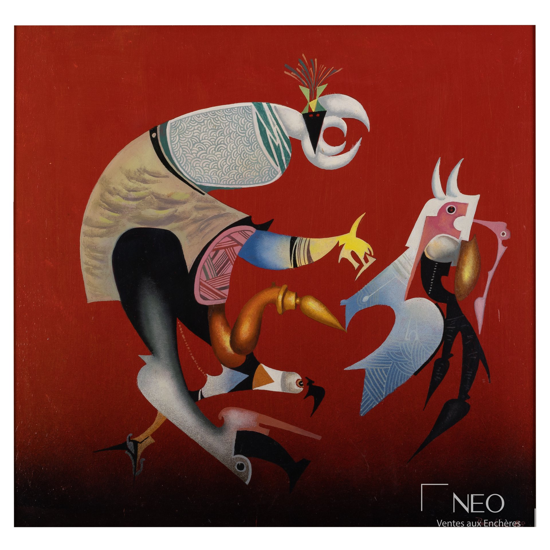 Composition surréaliste de Jules Perahim sur fond rouge