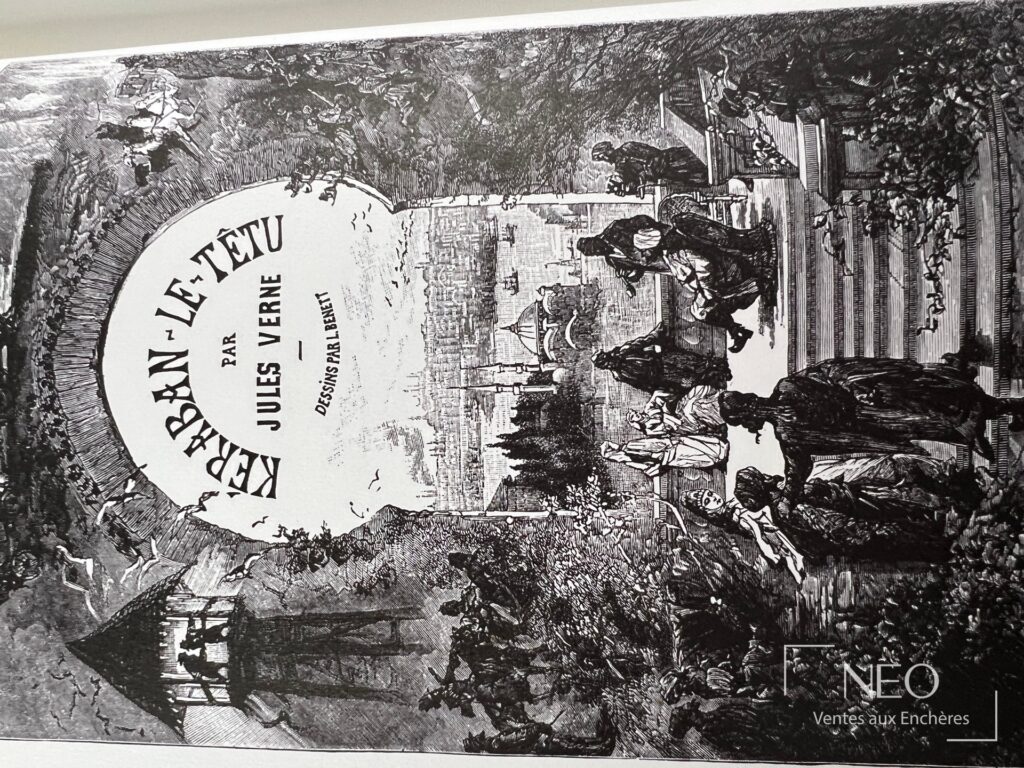 Page illustrée en noir et blanc avec le titre Keraban le têtu au centre d'une scène urbaine
