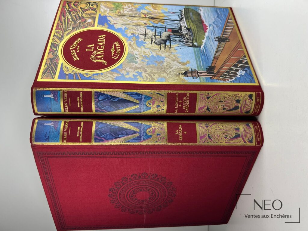Couvertures rouge et polychrome de deux volumes Jules Verne La Jangada