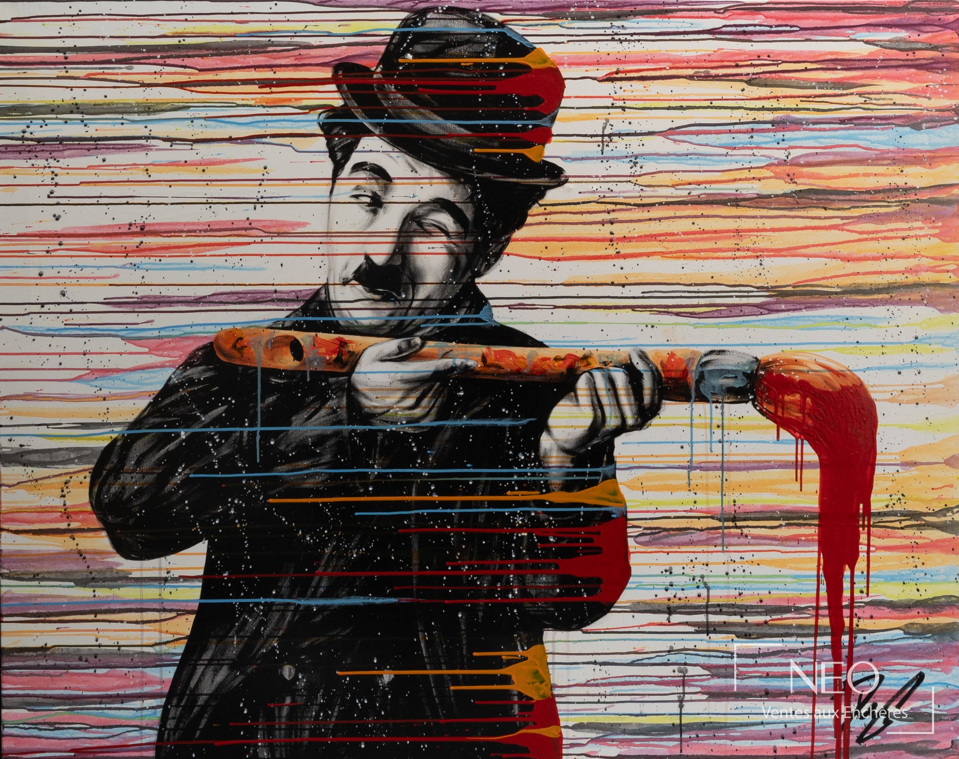 Acrylique sur toile représentant un homme au chapeau