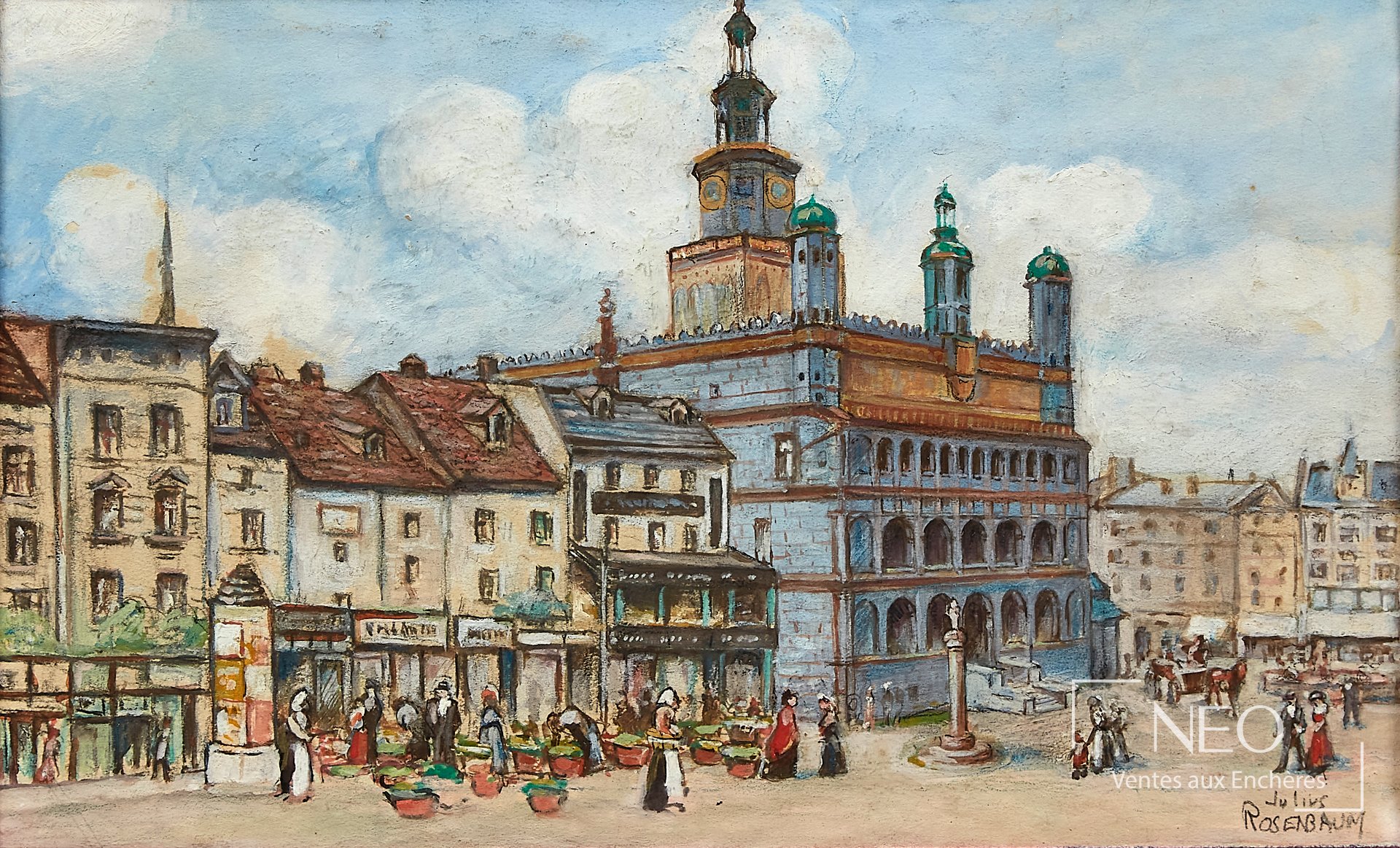 Scène animée de Julius Rosenbaum représentant un marché devant un grand bâtiment
