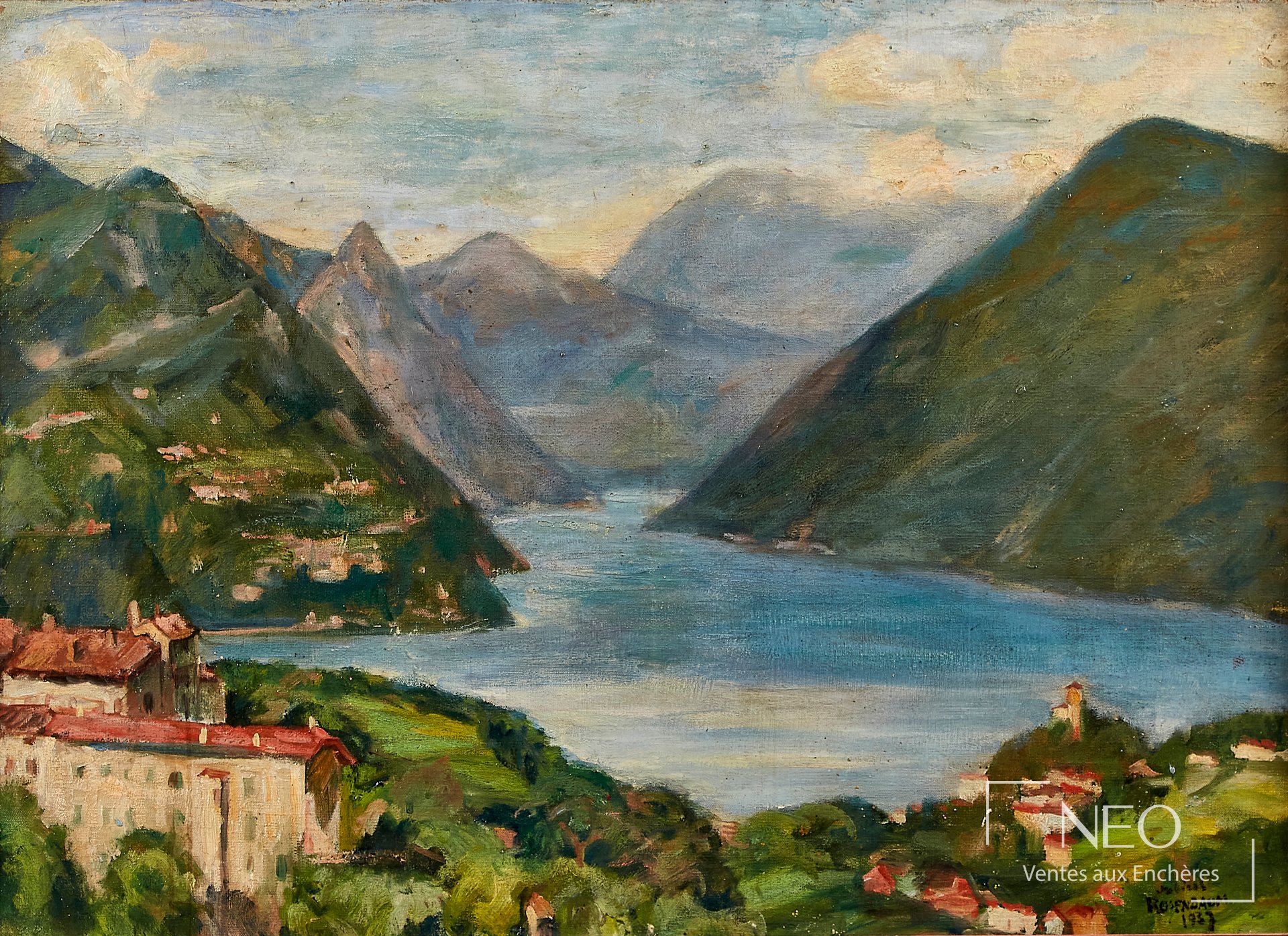 Paysage peint représentant le lac Lugano entre montagnes et villages