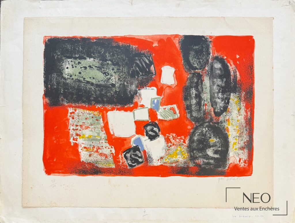 Lithographie de Jun Dobashi au fond rouge avec motifs noirs