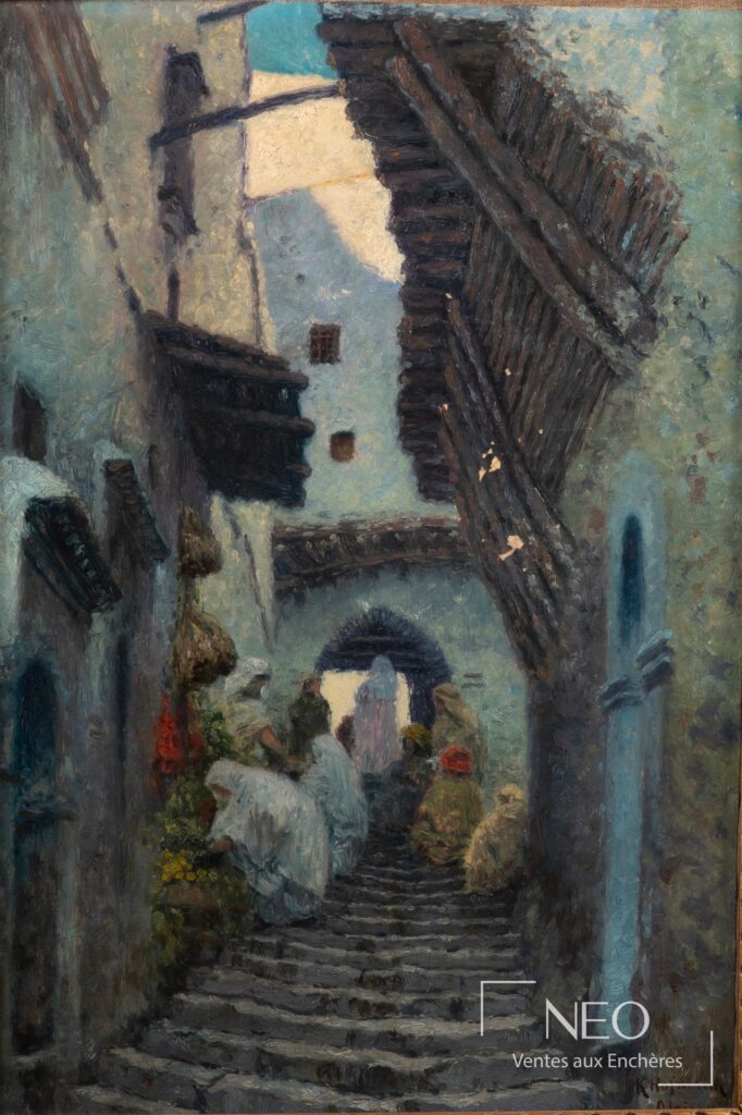 Huile sur toile de Karl Hofman représentant des vendeurs de rue à Alger