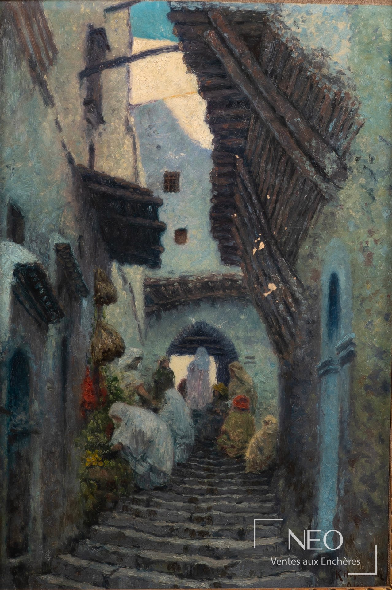 Huile sur toile de Karl Hofman représentant des vendeurs de rue à Alger