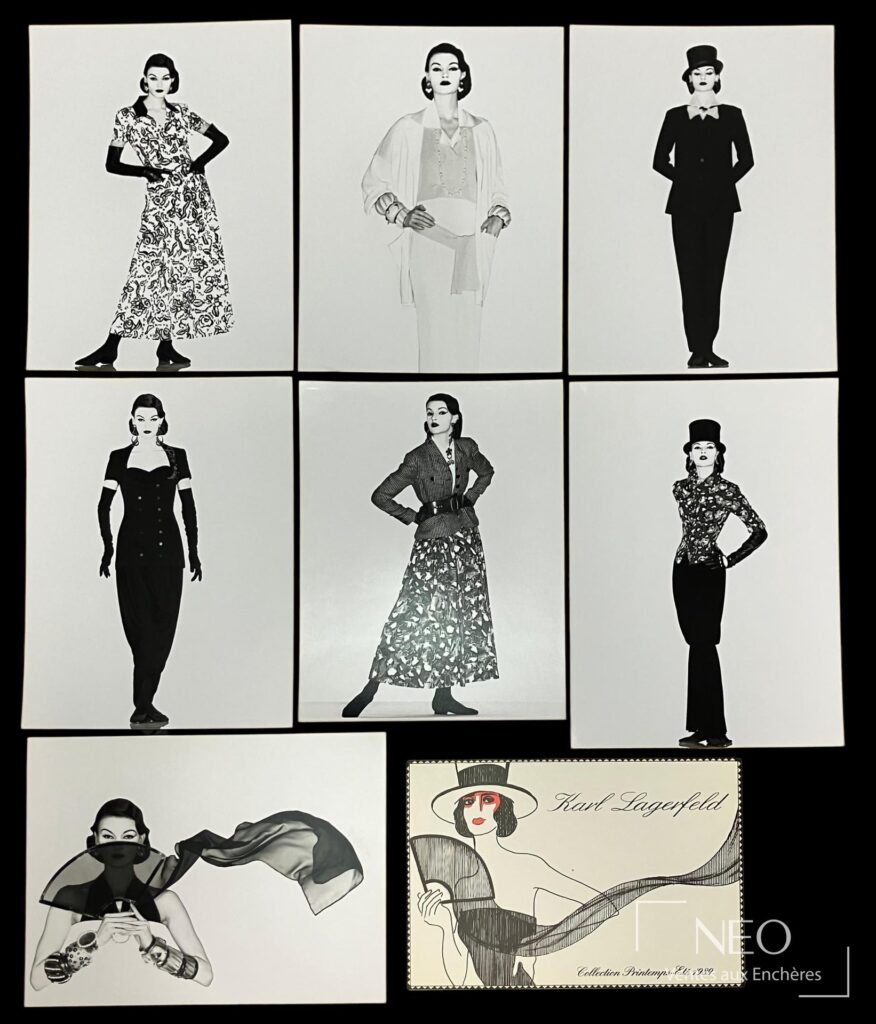 Sept photographies de mode en noir et blanc disposées en collage sur fond noir
