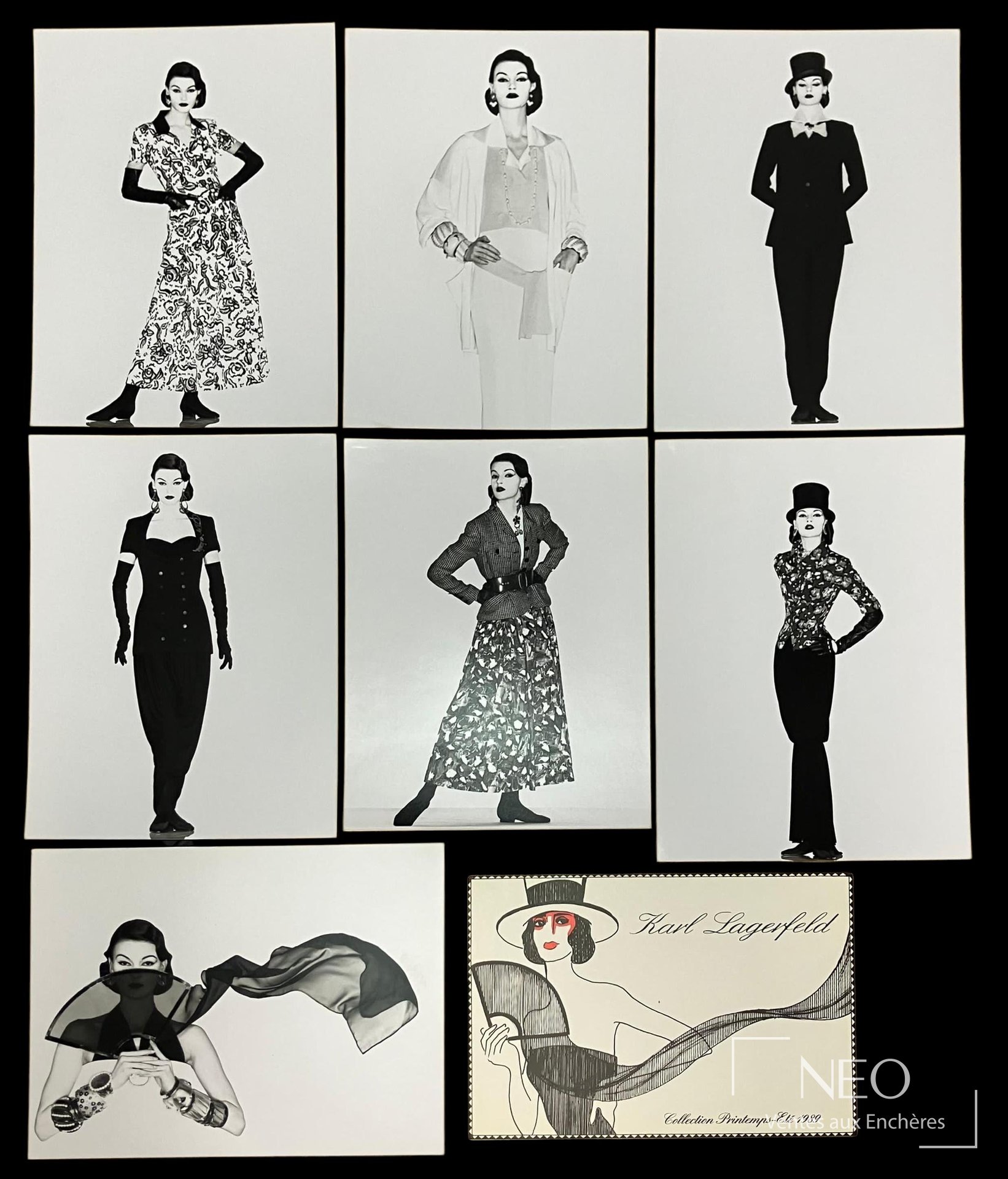 Sept photographies de mode en noir et blanc disposées en collage sur fond noir