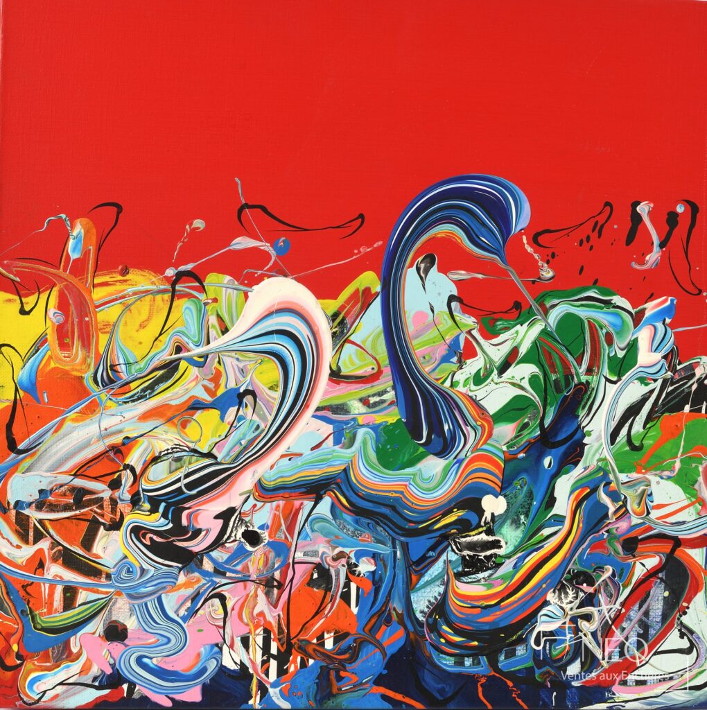 Composition abstraite aux coulures multicolores sur fond rouge