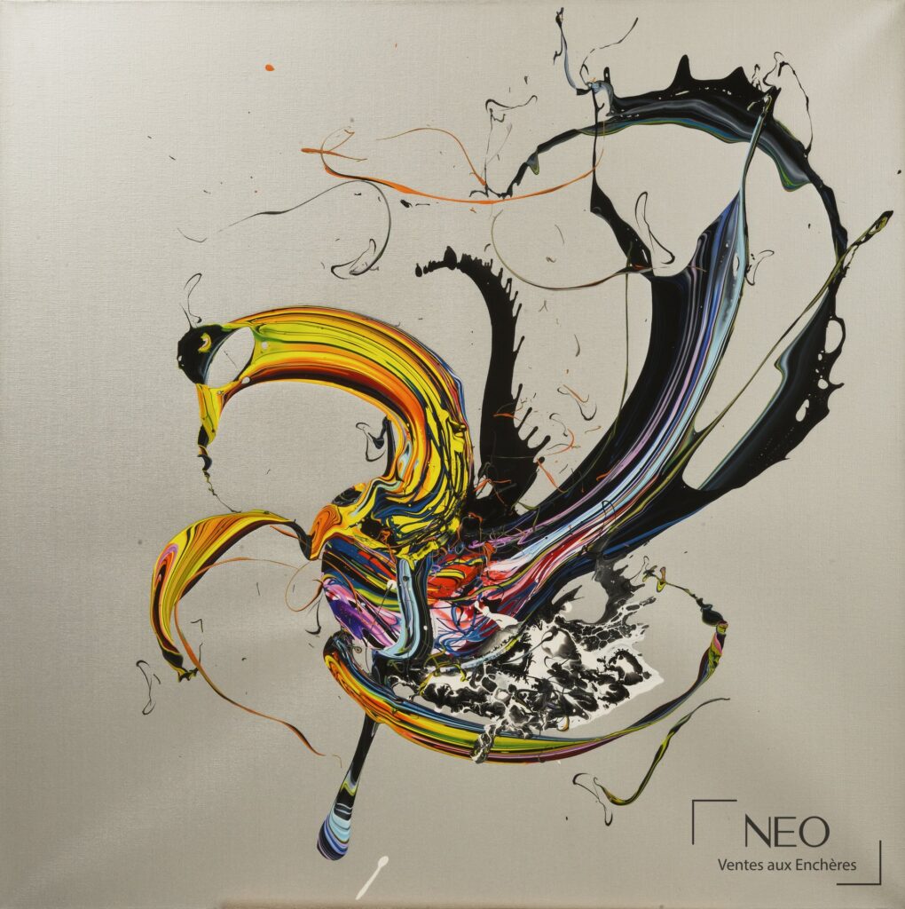 Acrylique sur toile abstraite de Katrin Fridriks avec larges gestes noirs et arcs multicolores