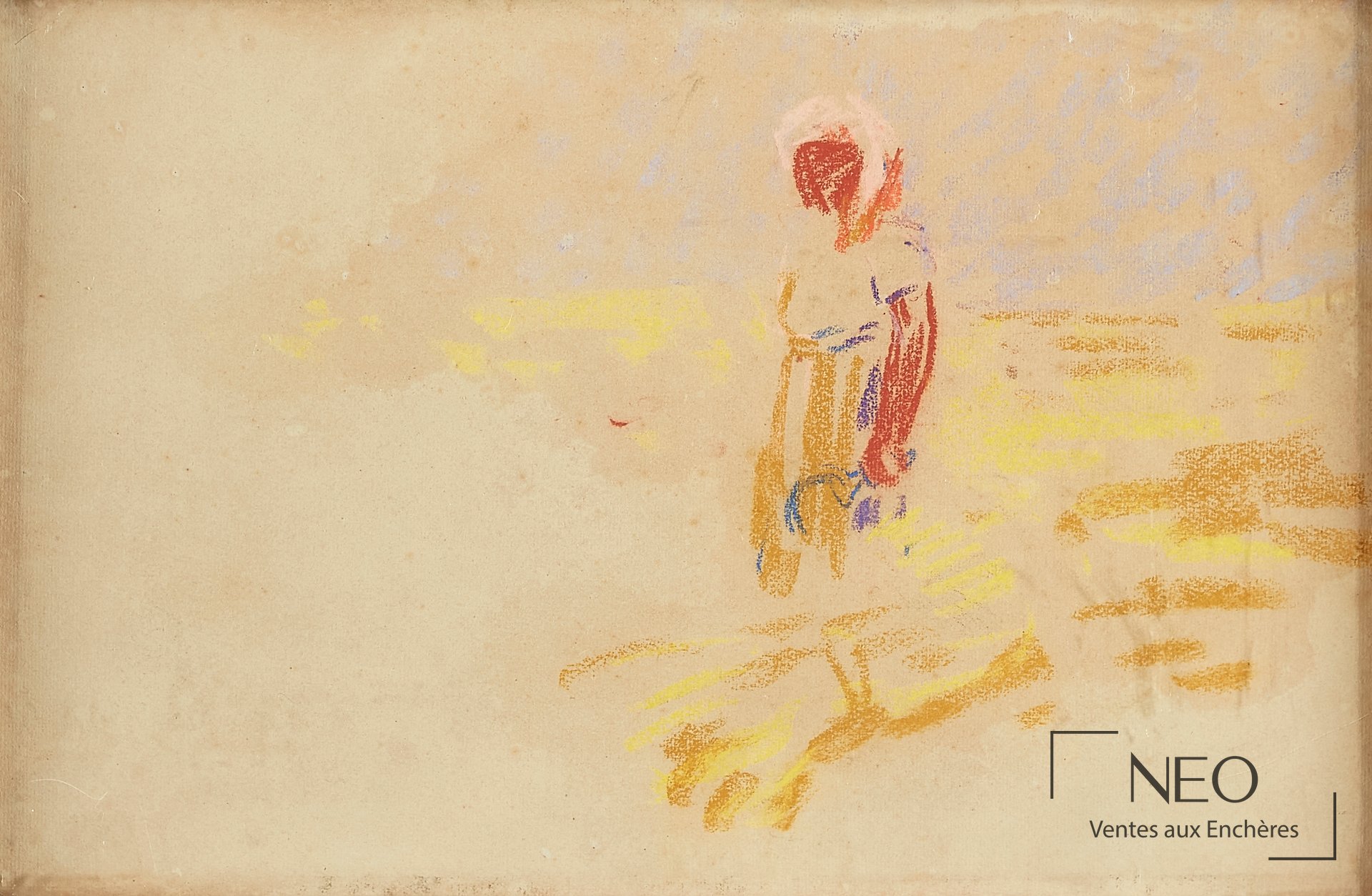 Composition au pastel sur fond clair avec figure esquissée en rouge
