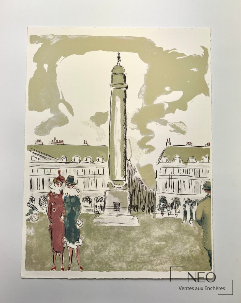 Lithographie en couleurs sur papier représentant la place Vendôme avec des figures élégantes au premier plan.