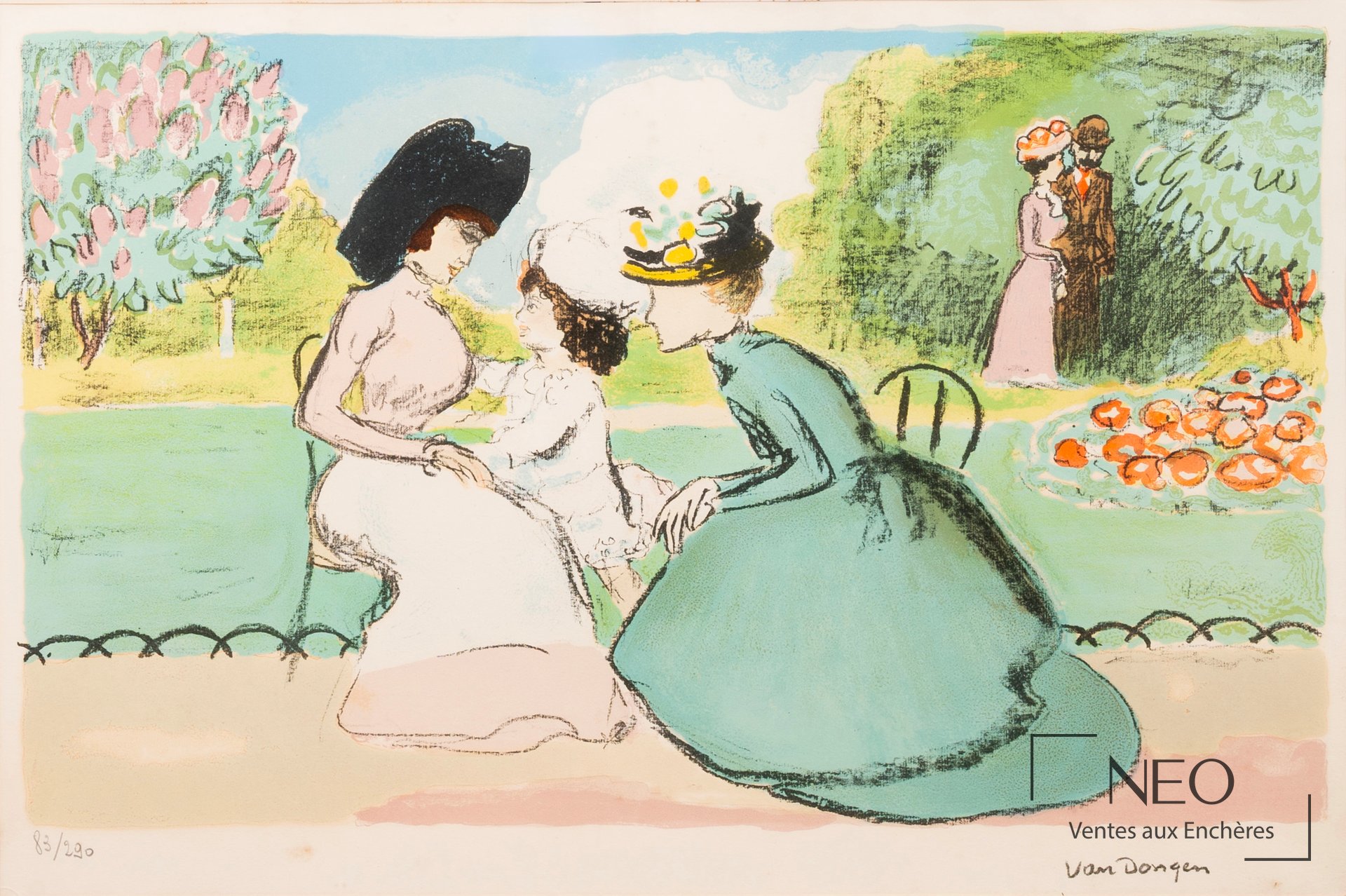 Lithographie en couleurs de Kees van Dongen montrant des jeunes femmes dans un parc