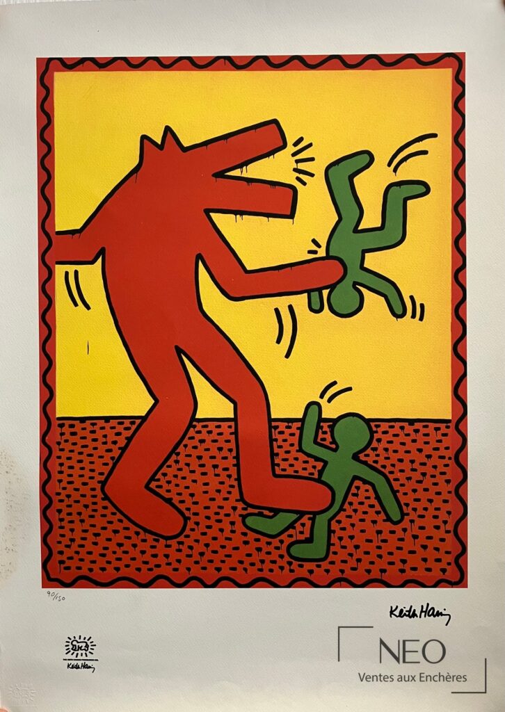 Impression de Keith Haring représentant un grand personnage rouge face à deux figures vertes