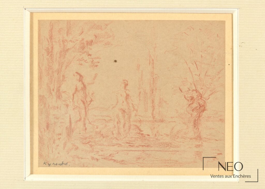 Sanguine sur papier représentant un paysage arboré