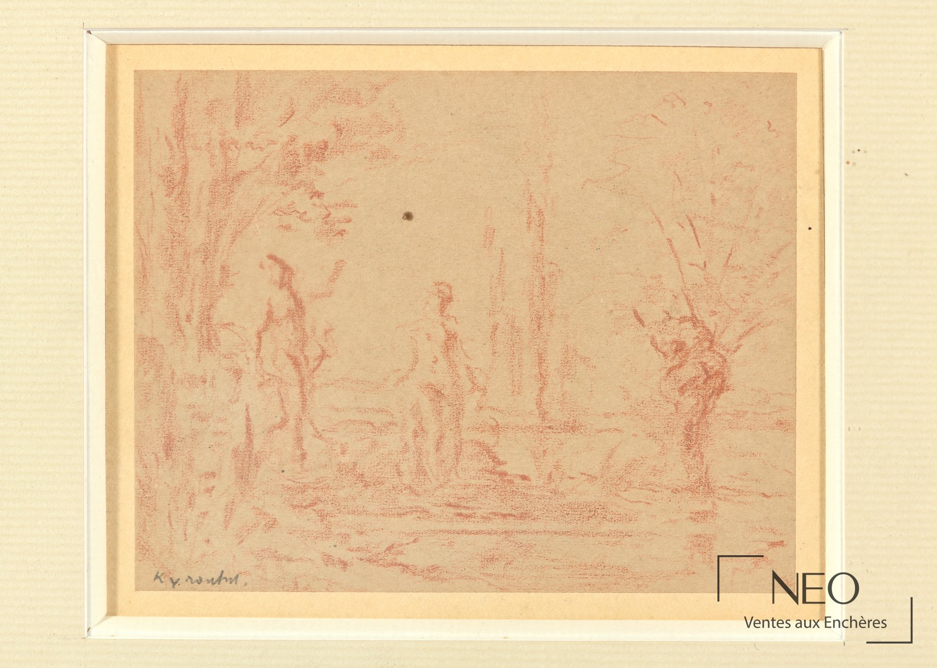 Sanguine sur papier représentant un paysage arboré