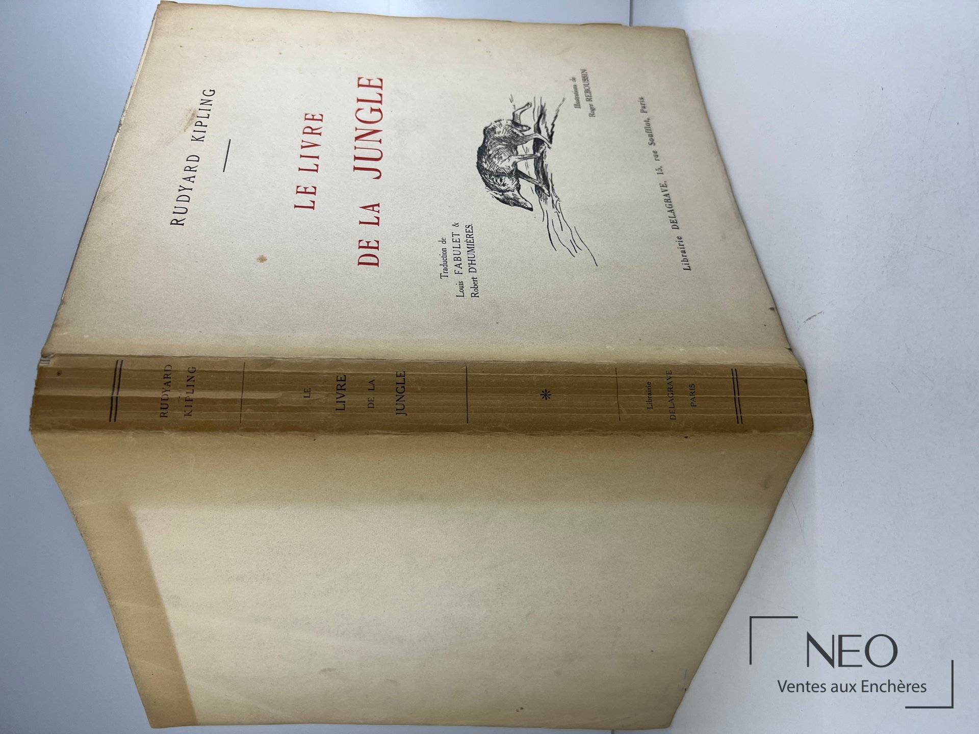 Couverture broché du livre Le livre de la Jungle de Rudyard Kipling avec titre imprimé et dessin de loup