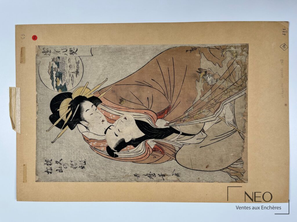 Estampe japonaise en couleurs de Kitagawa Utumaro montée sur carton