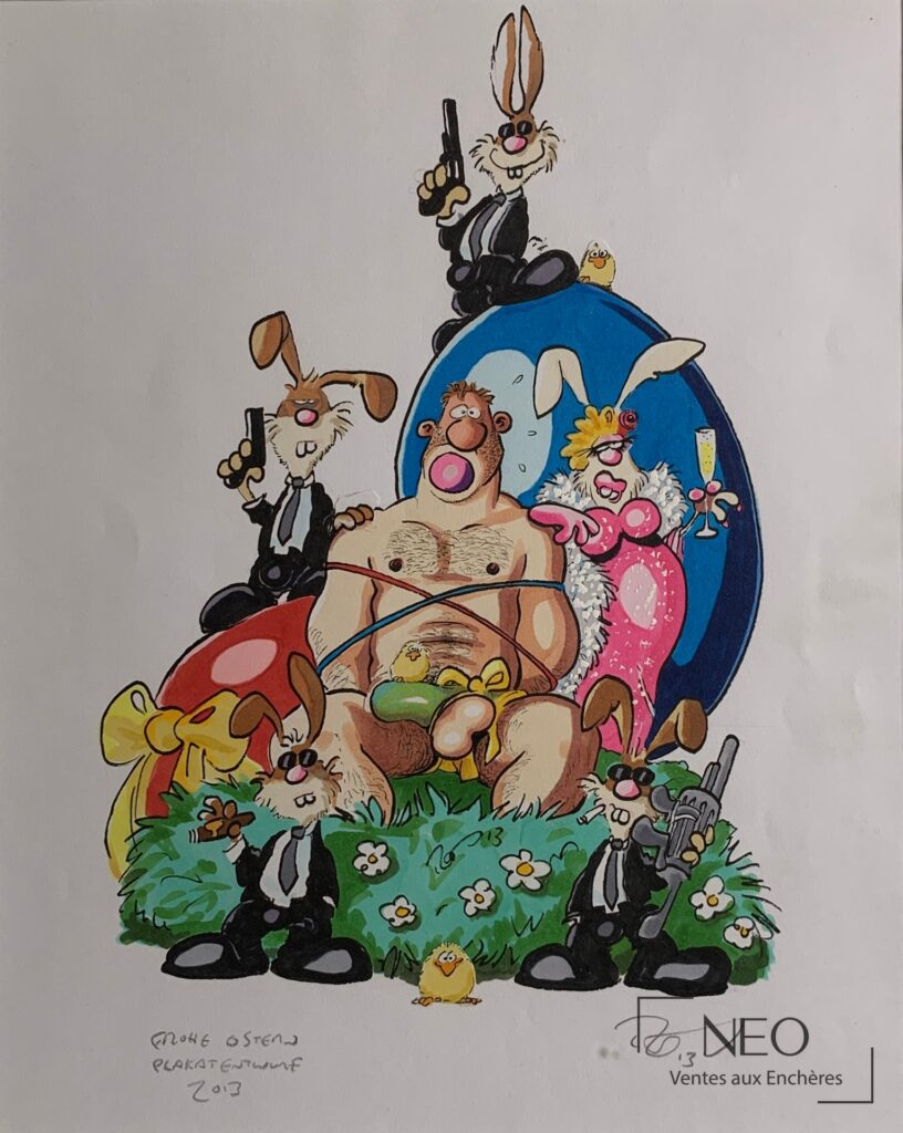 Illustration humoristique de KONIG Ralph montrant des lapins armés autour d’un personnage central.