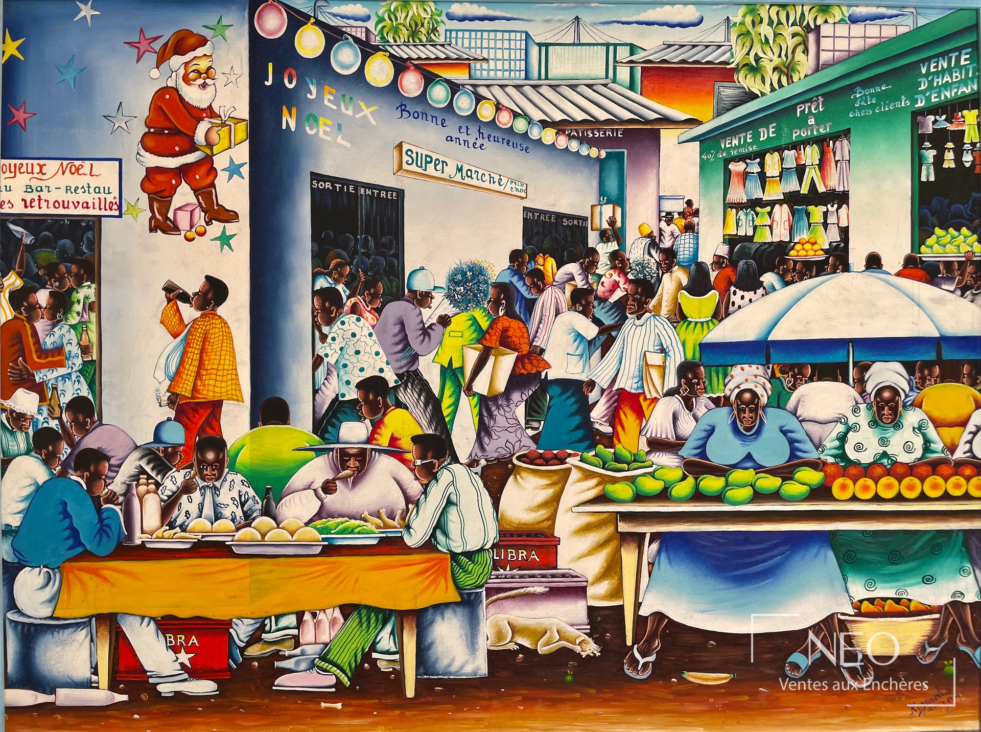 Huile sur toile colorée représentant un marché animé avec enseignes et nombreux personnages