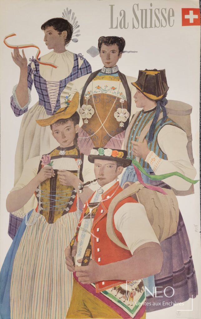 Affiche La Suisse de Kurt WIRTH montrant cinq personnages en costumes traditionnels