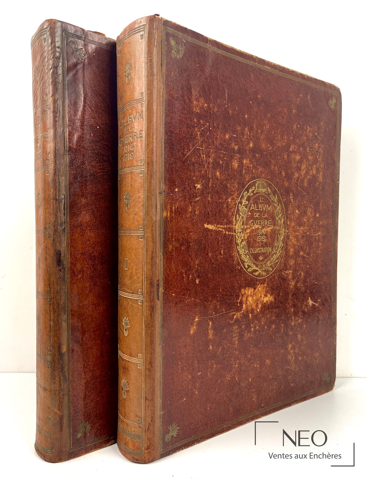 Deux grands volumes reliés en plein veau brun avec décor doré sur les plats et les dos