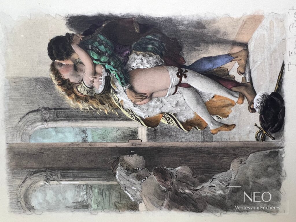 Page illustrée en couleur de Les Ragionamenti avec deux personnages dans un intérieur