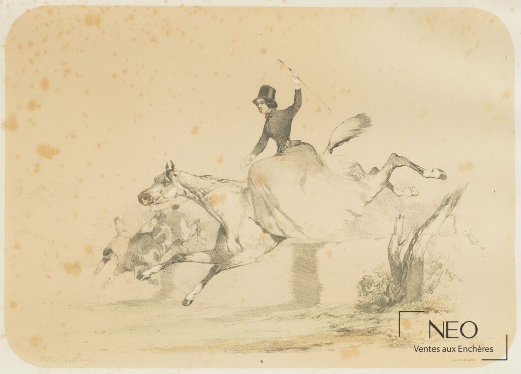 Estampe en couleurs représentant une amazone à cheval