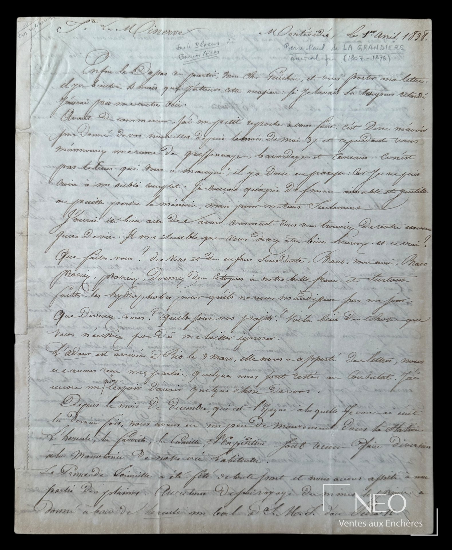 La Grandière, lettre autographe signée de Montevideo, 1er avril 1838