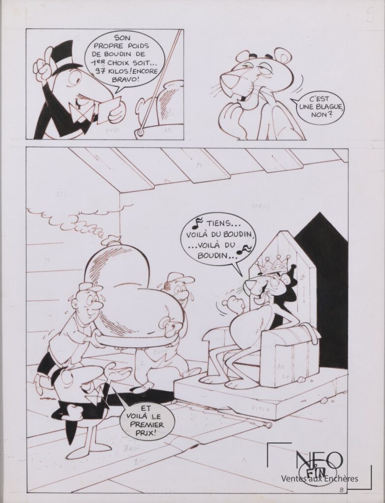Deux planches de bande dessinée avec La Panthère Rose et plusieurs cases dialoguées