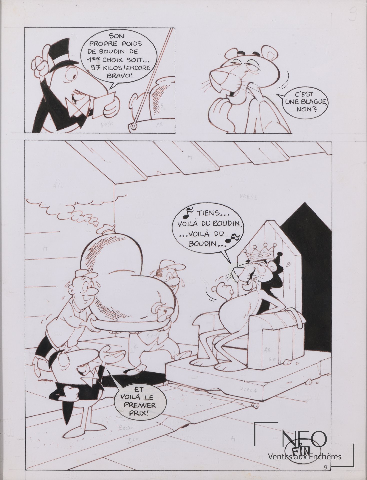 Deux planches de bande dessinée avec La Panthère Rose et plusieurs cases dialoguées