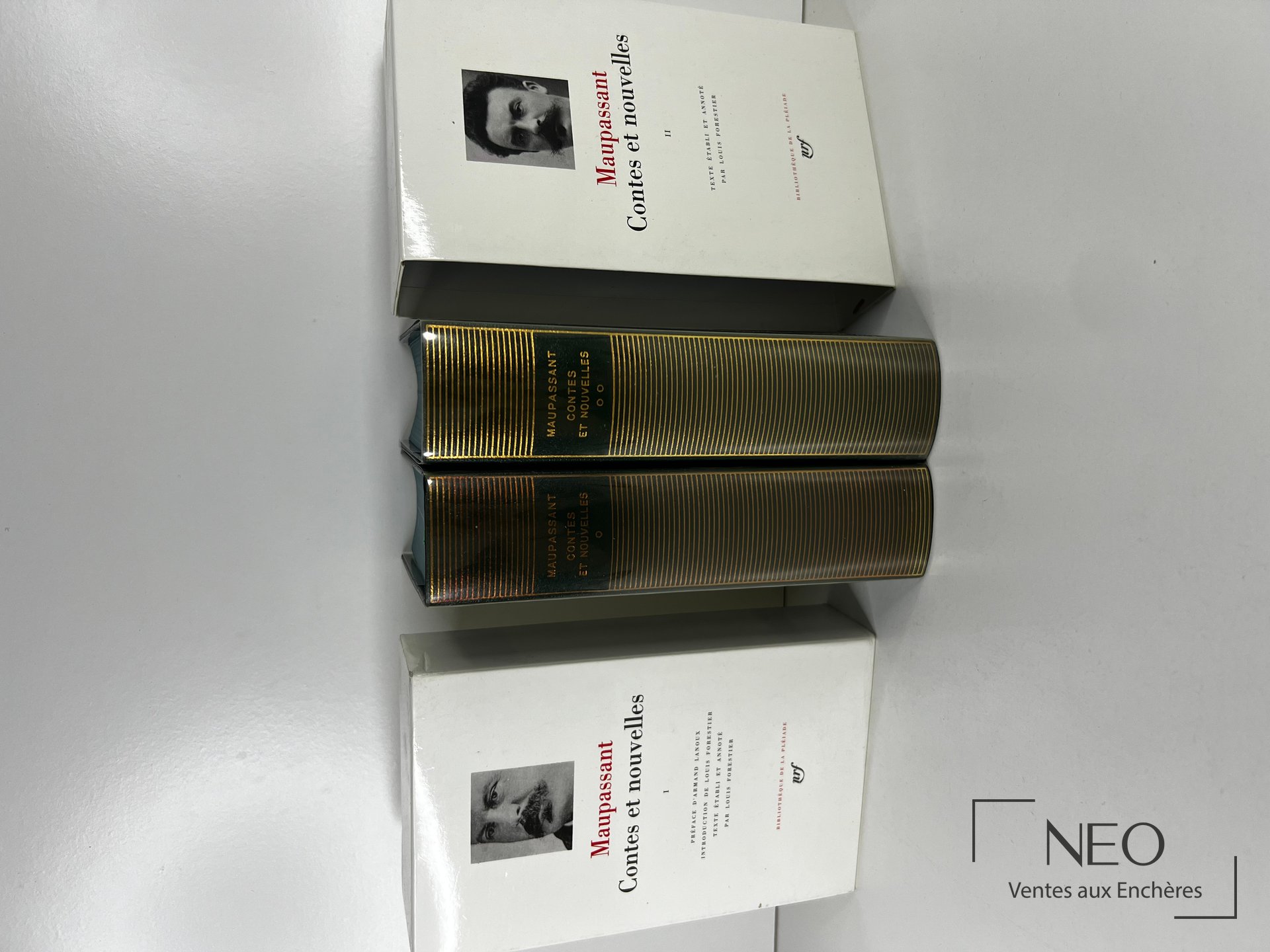 Les deux volumes de La Pléiade Maupassant avec leurs couvertures et leurs étuis.