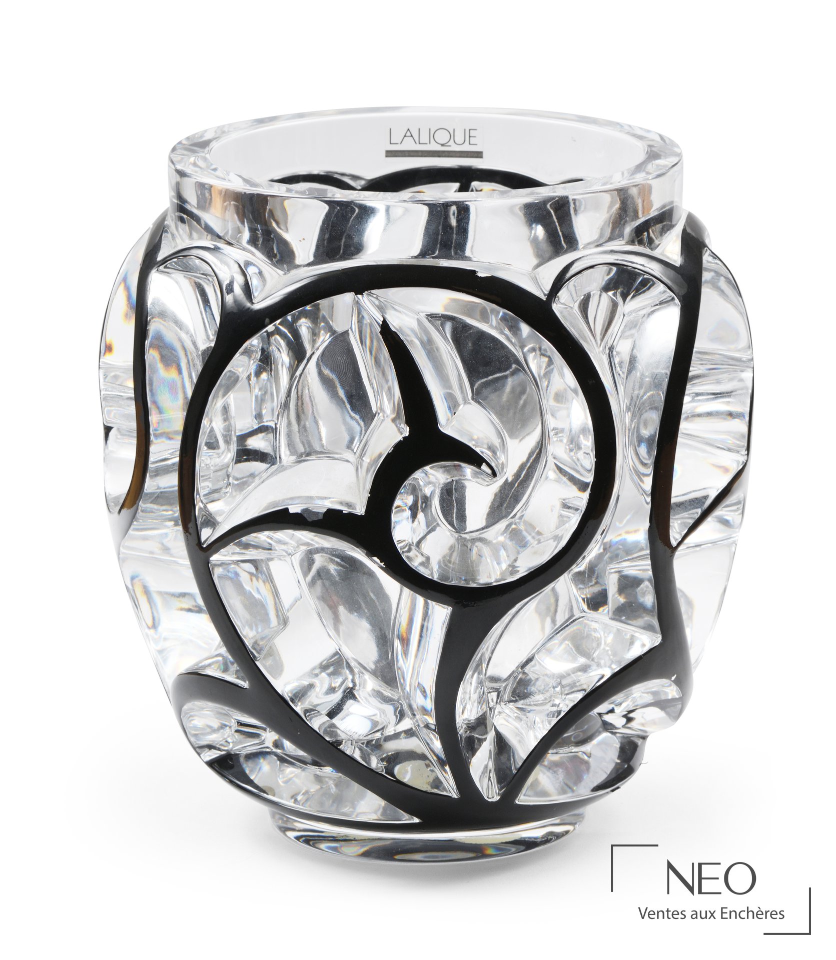 Vase Lalique France en cristal incolore avec décor noir de volutes en relief