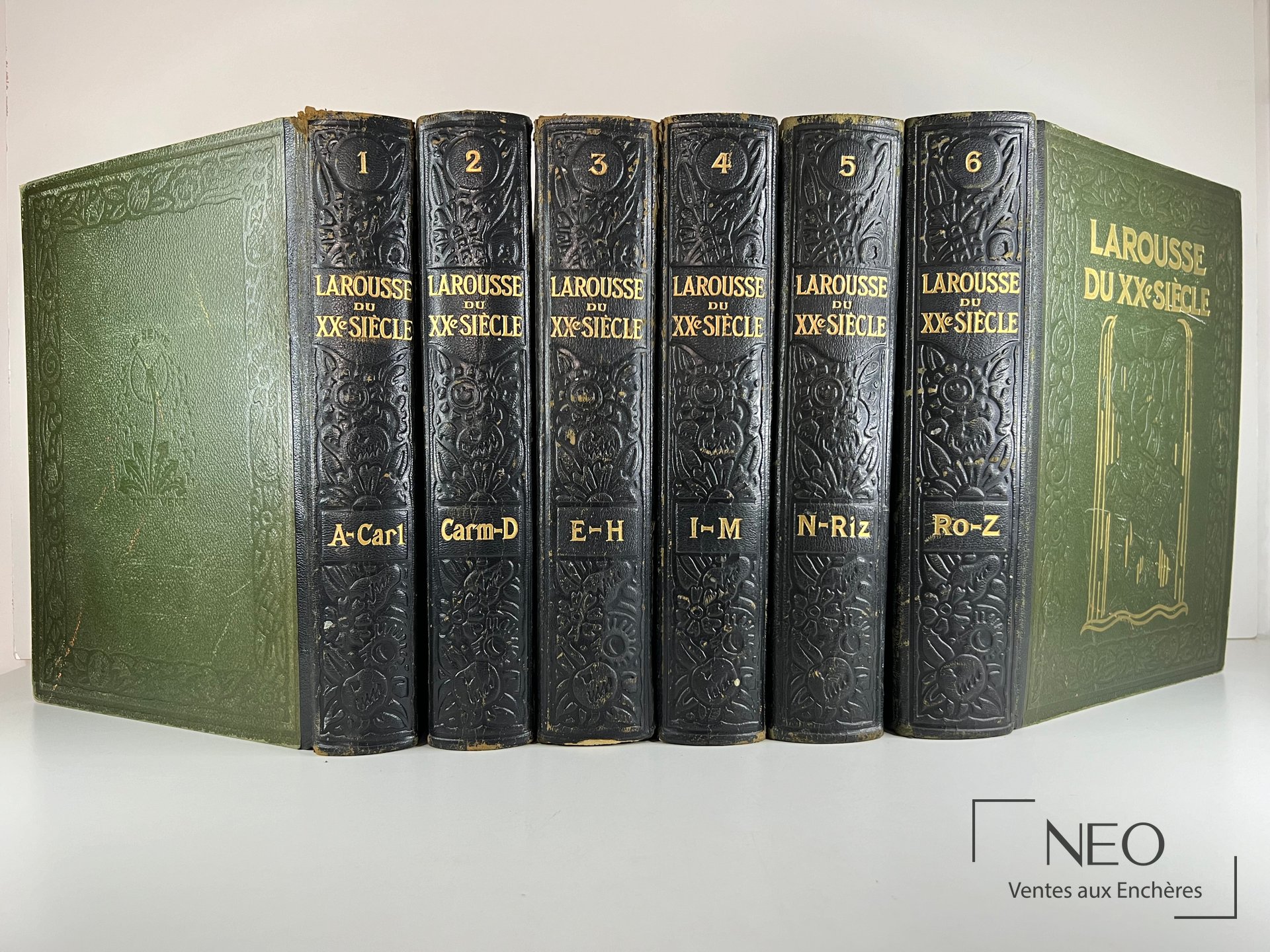 Les six volumes du Larousse du XXe Siècle en reliure verte et noire sont alignés de face.