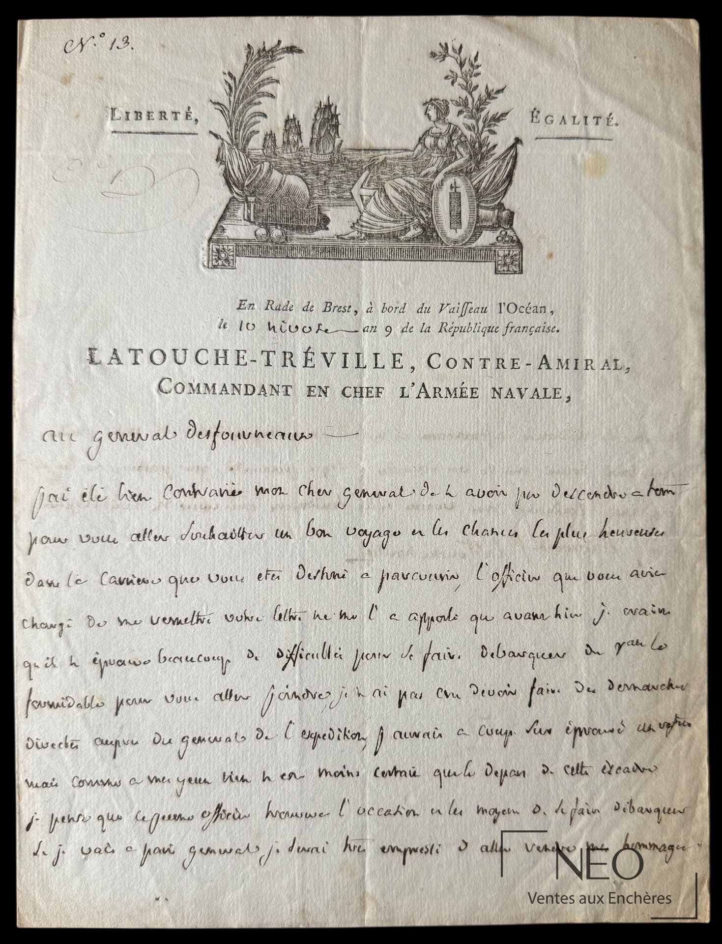 Lettre autographe signée de Latouche-Tréville avec en-tête imprimé et texte manuscrit.