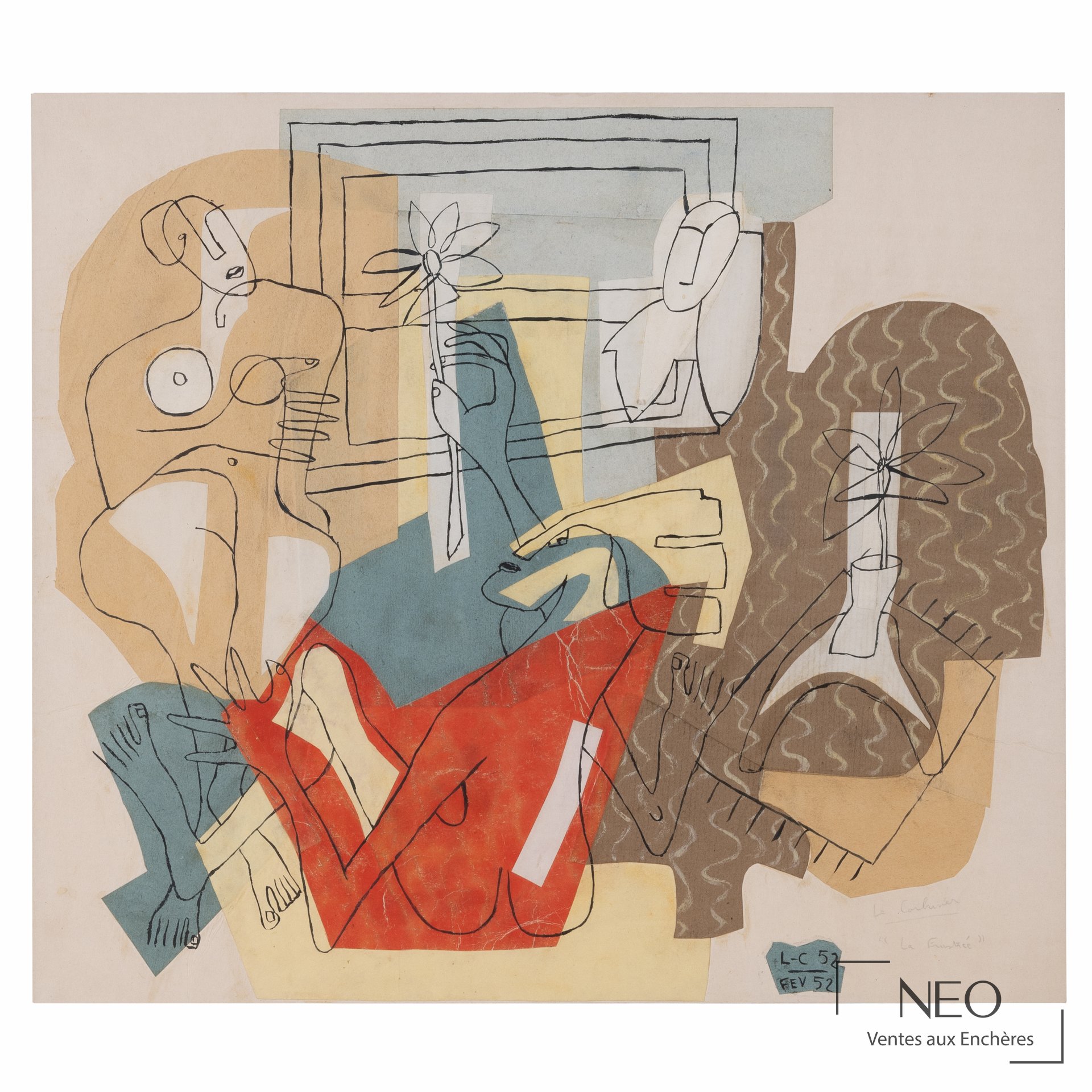 Collage abstrait signé Le Corbusier avec figures et aplats colorés