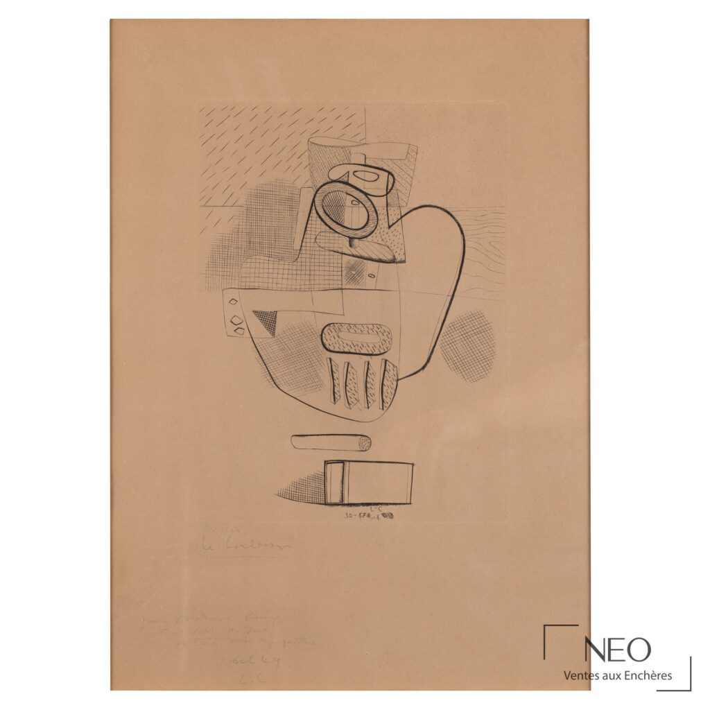 Pointe sèche de Le Corbusier représentant une composition abstraite sur papier brun