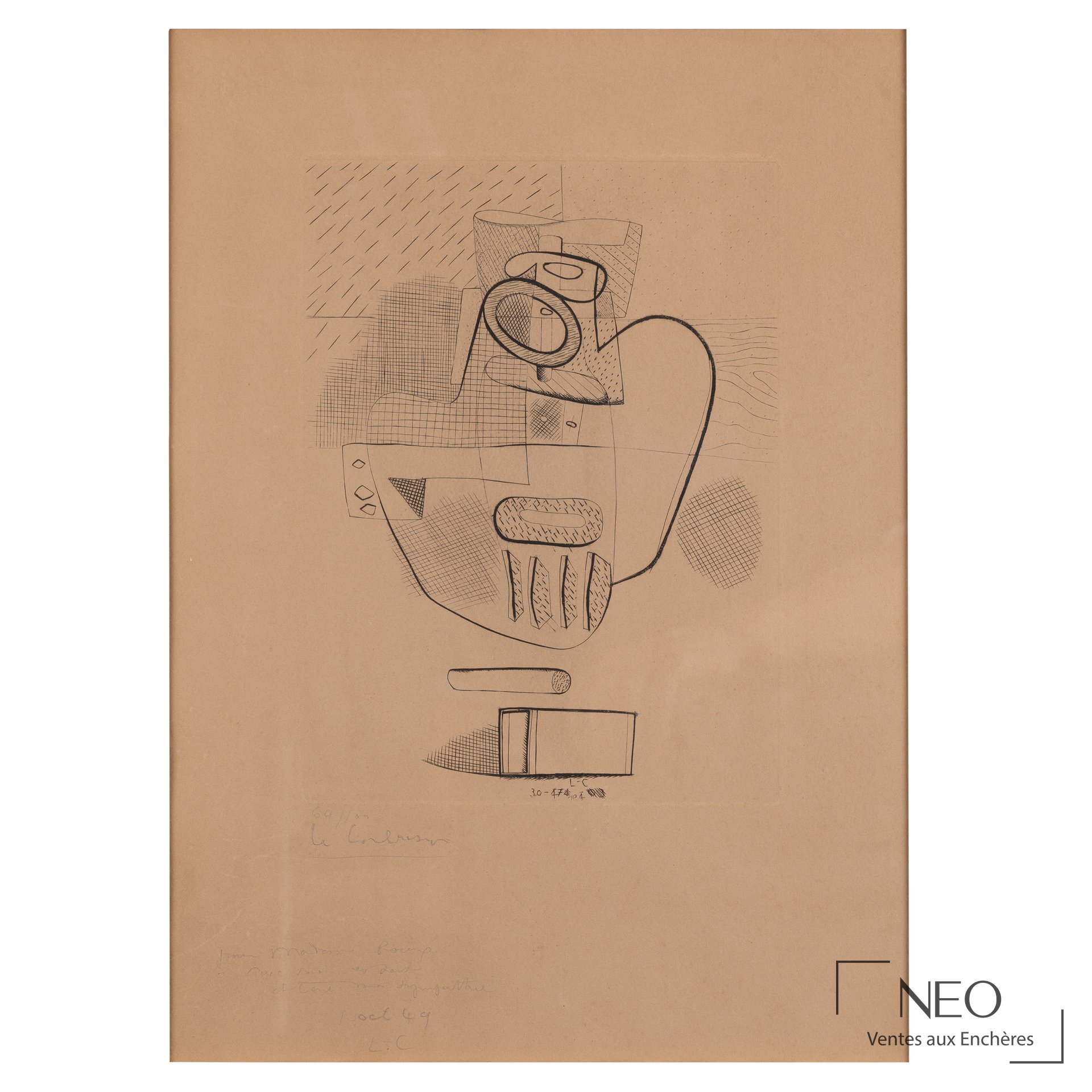 Pointe sèche de Le Corbusier représentant une composition abstraite sur papier brun