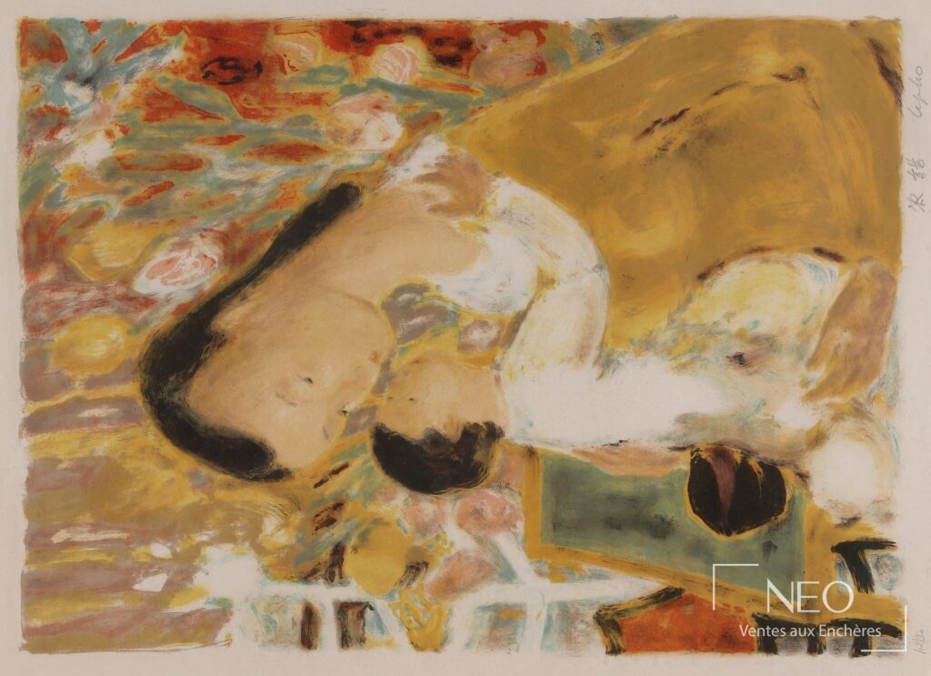 Lithographie en couleurs de Lê Phổ représentant une maternité aux tons doux