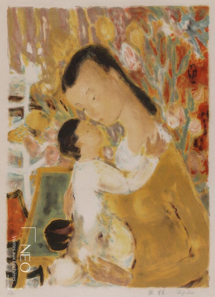 Lithographie en couleurs de Lê Phổ représentant une mère tenant son enfant