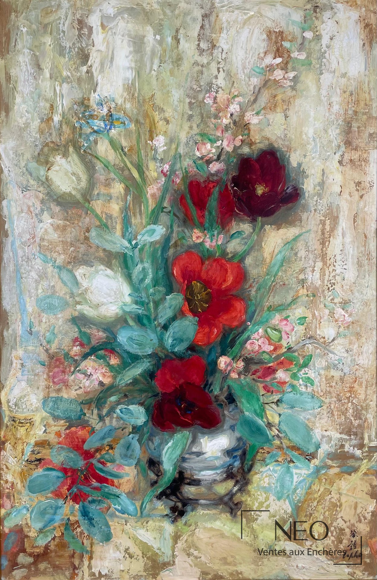 Lê Phổ, Tulipes au vase chinois, huile sur soie contrecollée sur isorel